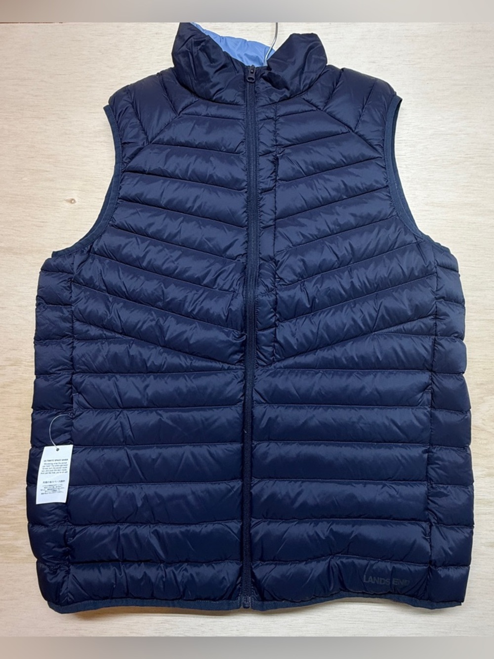 Lands End Mens Vest M medium  Down 800 FP Fill Hyper Dry Navy Blue Packable NWT